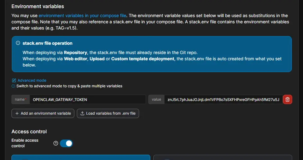 Variável de Ambiente "OPENCLAW_GATEWAY_TOKEN" no Portainer